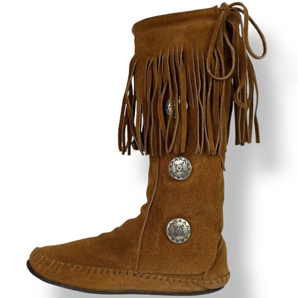 Taos Vintage 70s Tall Moccasins Boots Brown Tan Suede Fringe Conchos Women’s 8 - Picture 6 of 11